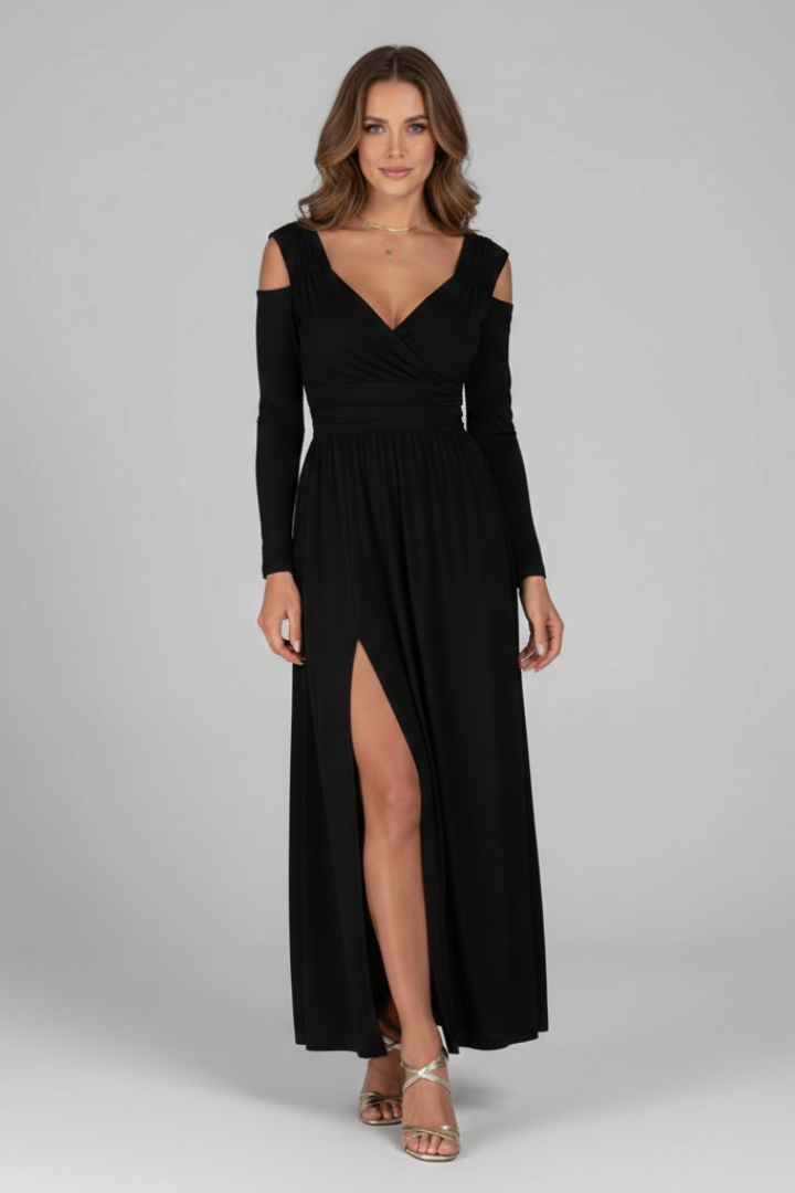 Women’s Dress with Lace Appliques and Tiered Skirt with V Neckline and Side Slit