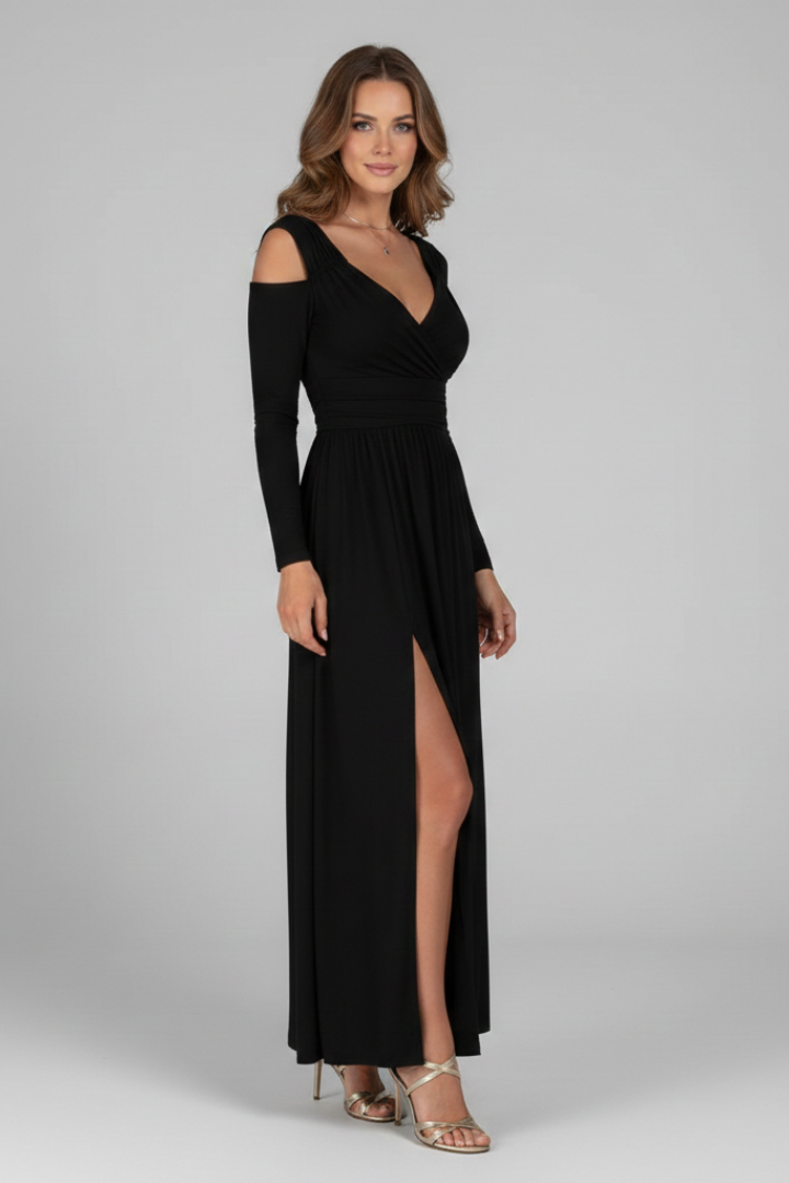 Women’s Dress with Lace Appliques and Tiered Skirt with V Neckline and Side Slit