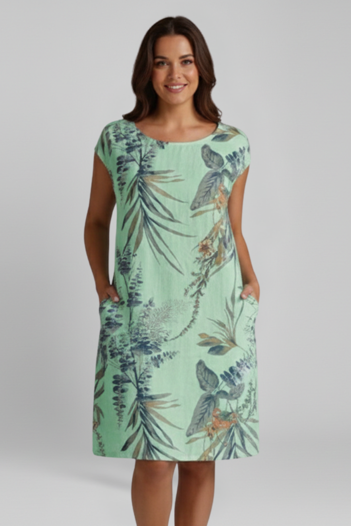 Women’s Dress with Round Neckline and Printed Surface