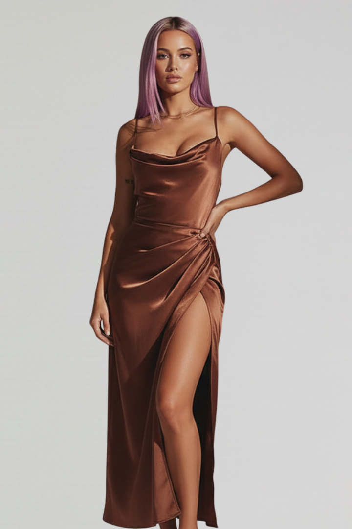 Women’s Dress with Slim Straps and Draped Skirt