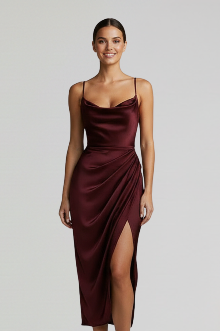 Women’s Dress with Slim Straps and Draped Skirt