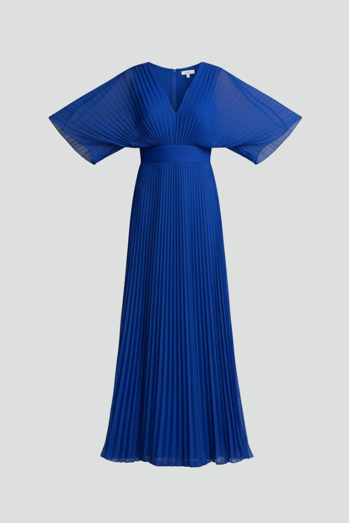 Women’s Dress with V-Neckline and Pleated Maxi Skirt