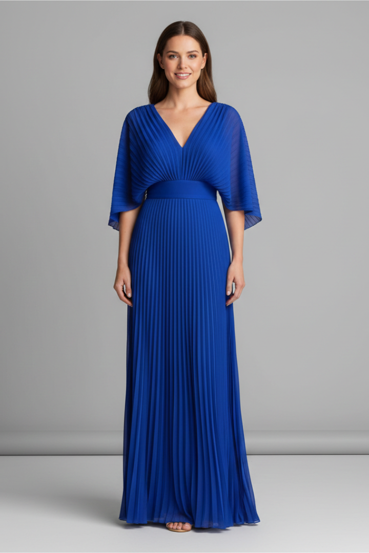 Women’s Dress with V-Neckline and Pleated Maxi Skirt