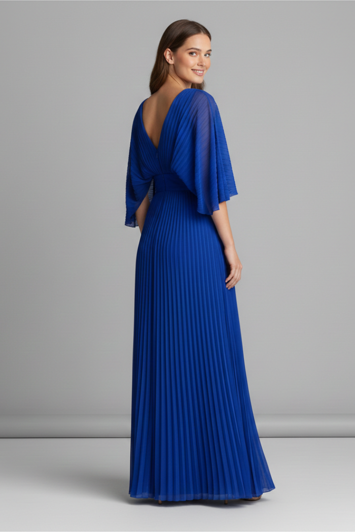 Women’s Dress with V-Neckline and Pleated Maxi Skirt