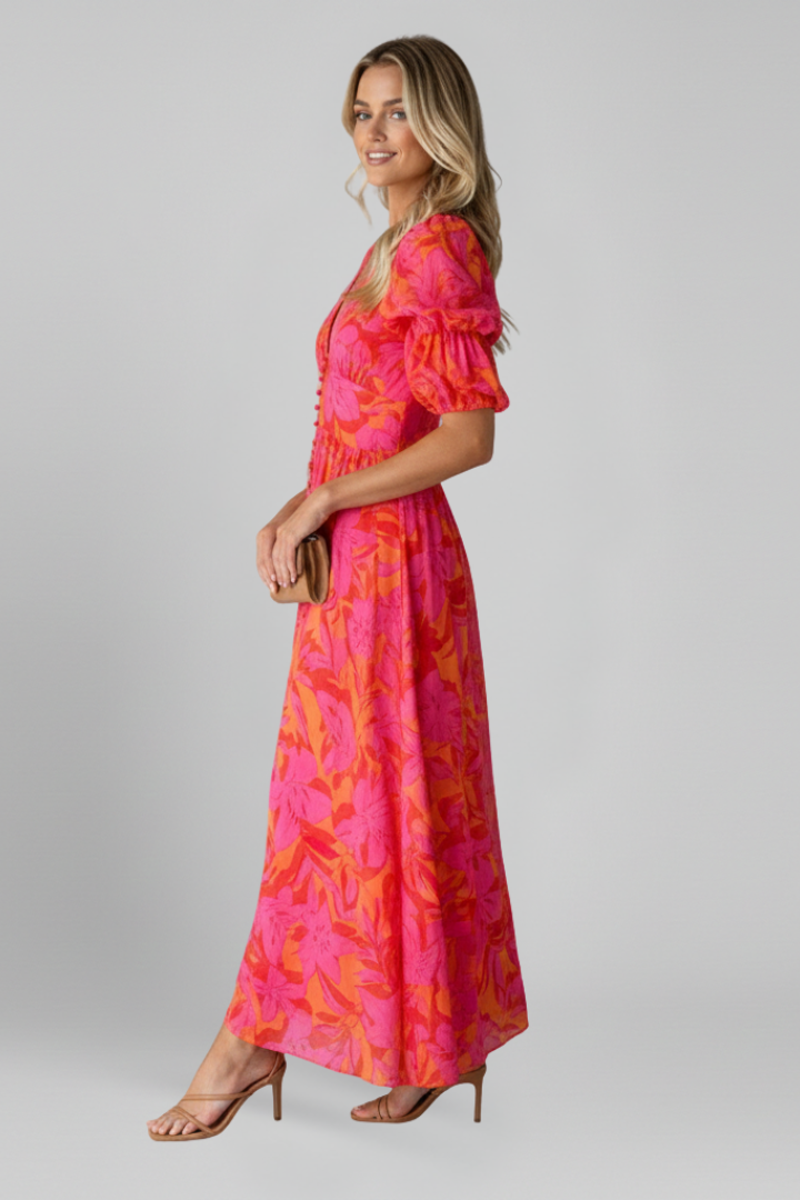 Women’s Dress with V Neck and Puff Sleeves