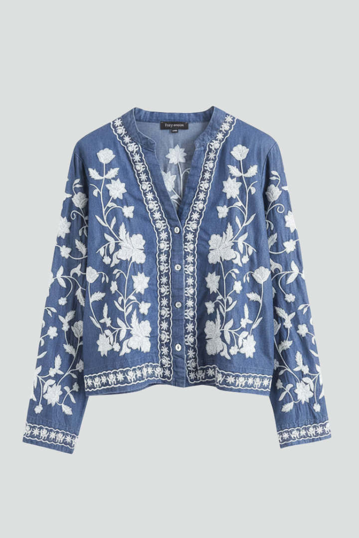 Women’s Embroidered Blouse with Floral Pattern and Long Sleeves