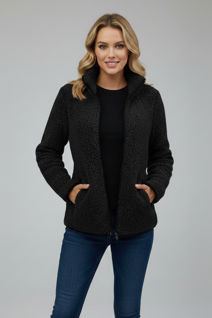 Women's Fleece Jacket with Stand-Up Collar and Zip Fastening