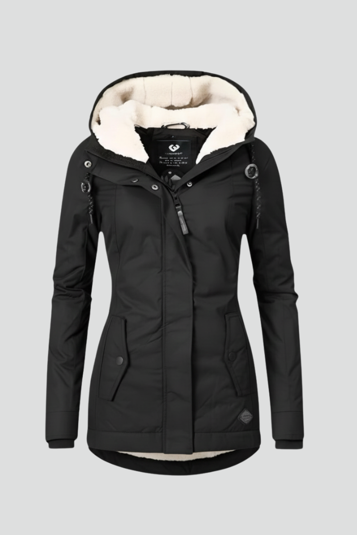 Women’s Hooded Coat with Zip Fastening and Buttoned Flap