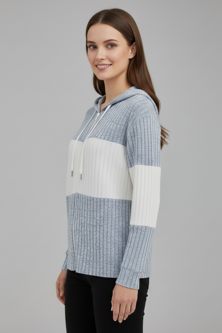 Women’s Hooded Jacket with Zipper and Ribbed Panels
