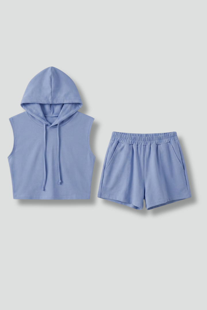 Women’s Hooded Top and Shorts Set with Sleeveless Cut and Elastic Waist