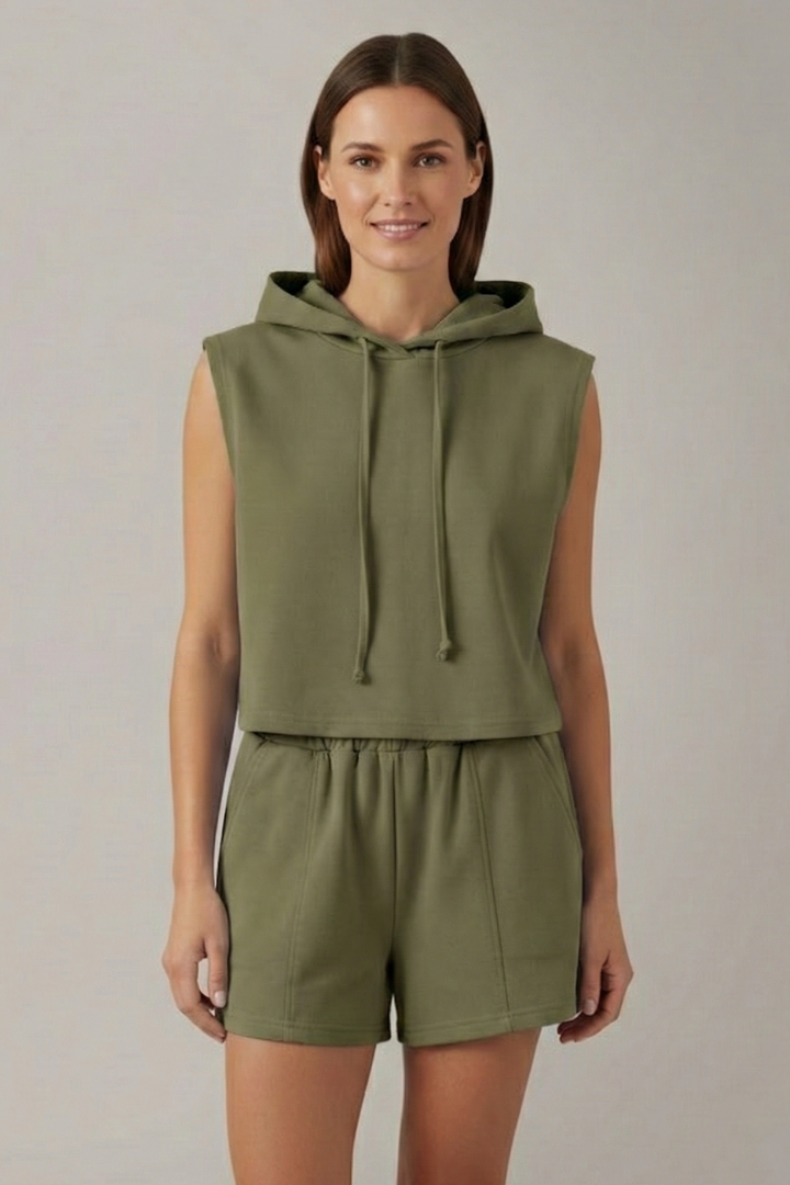 Women’s Hooded Top and Shorts Set with Sleeveless Cut and Elastic Waist