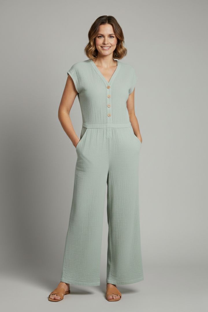 Women’s Jumpsuit with Button Placket and Wide Legs