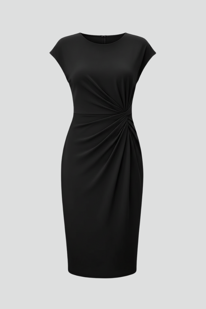 Knee-Length Dress with Round Neck and Ruched Waist