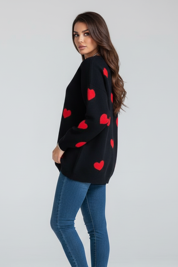 Women’s Knit Jumper with Round Neck and Heart Pattern