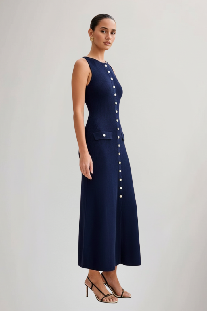 Women’s Knit Maxi Dress with Sleeveless Cut and Front Buttons