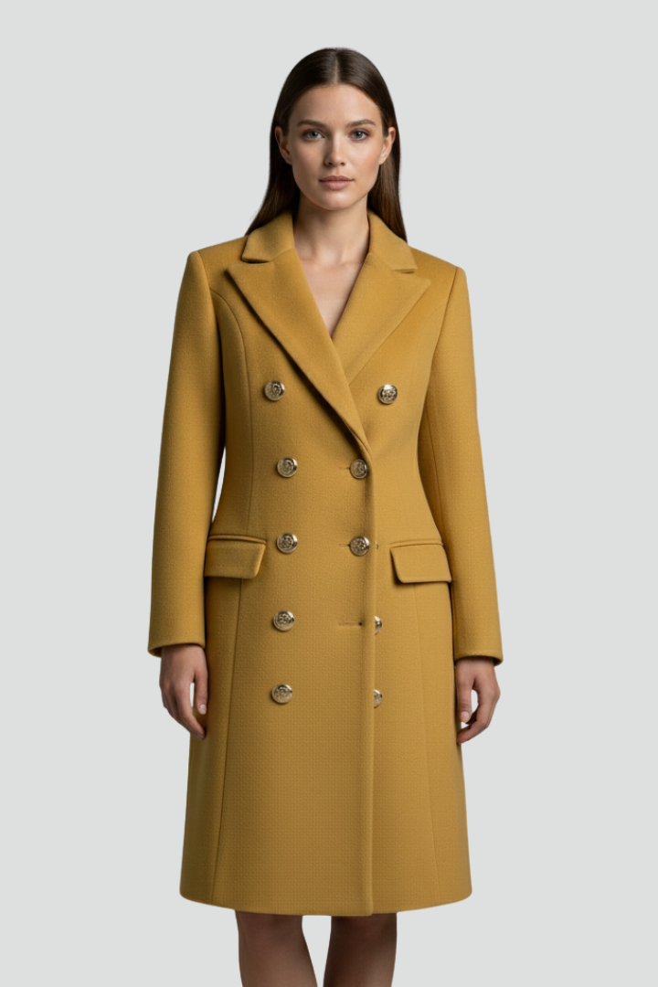 Women’s Long Coat with Double Buttons and Lapel Collar