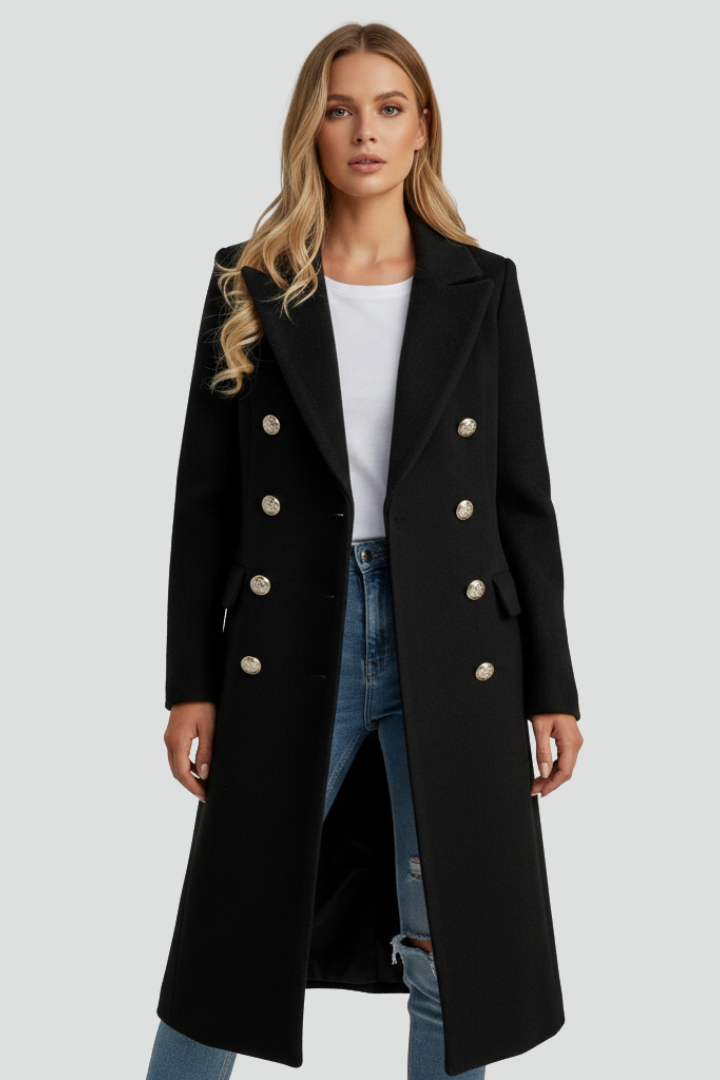 Women’s Long Coat with Double Buttons and Lapel Collar