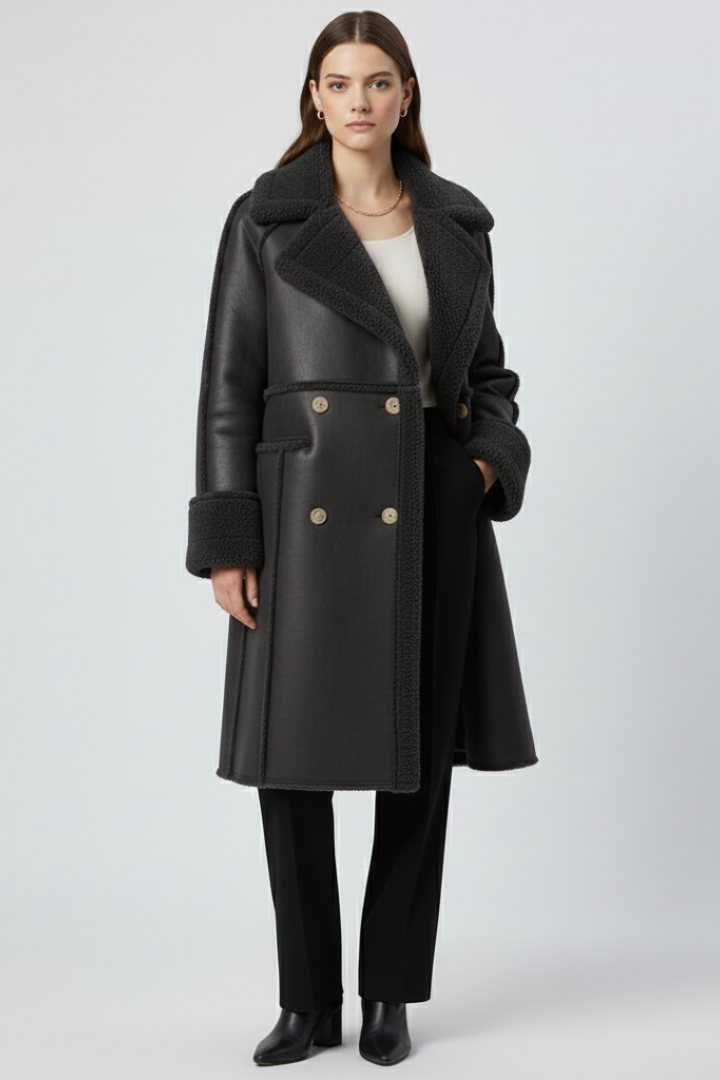 Women’s Long Coat with Lapel Collar and Textured Finish