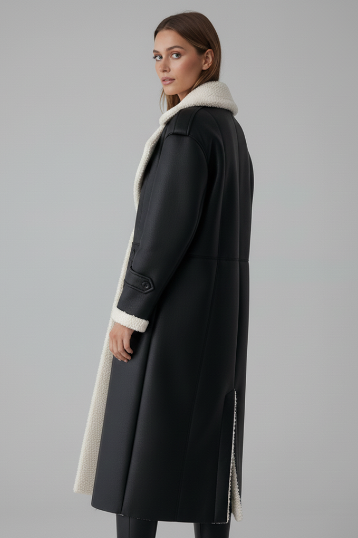 Women’s Long Coat with Lapel Collar and Trim