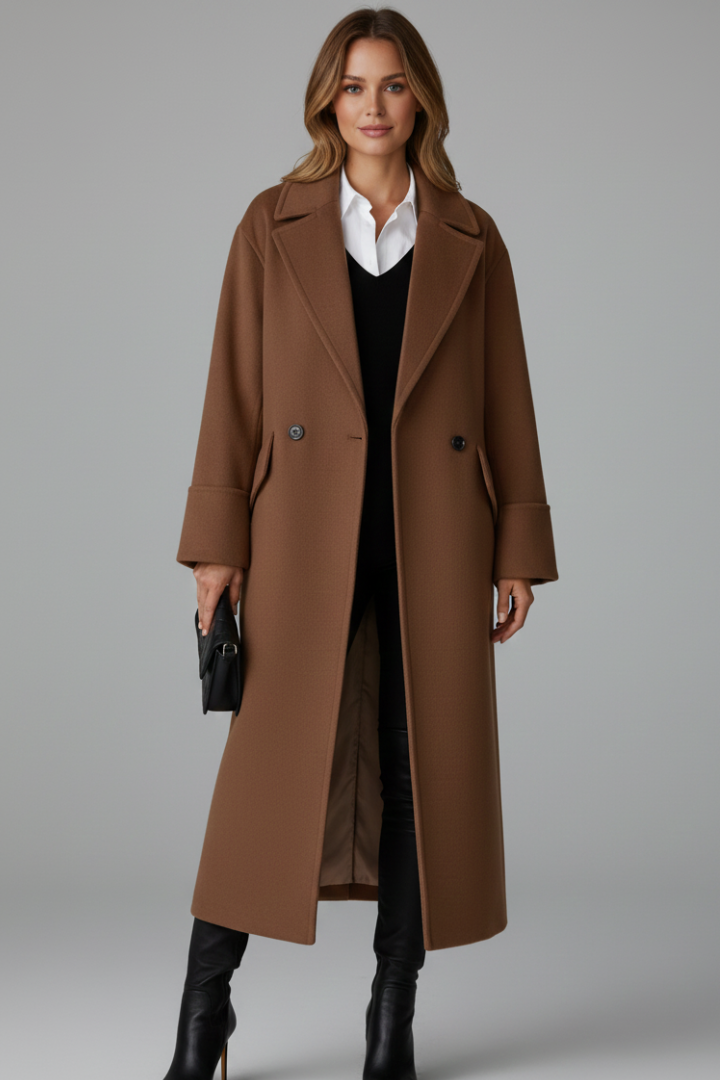 Women’s Long Coat with Notched Lapel and Button Front