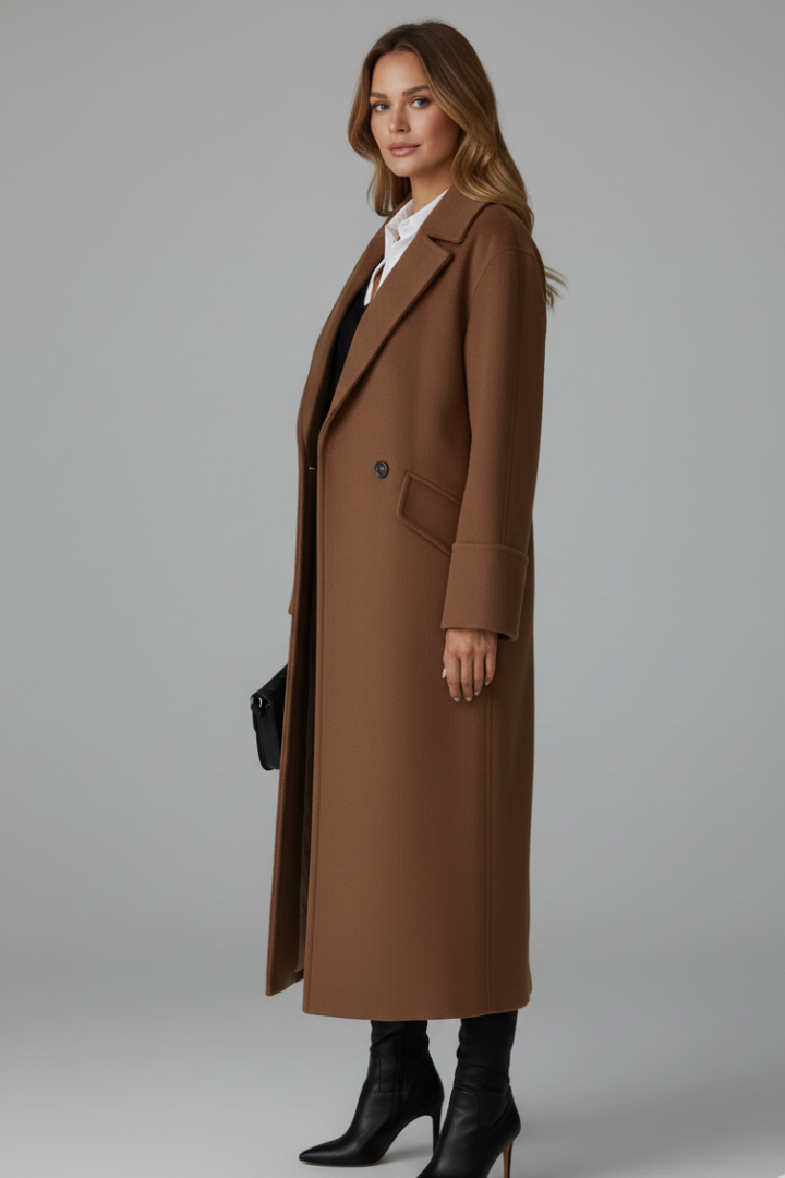 Women’s Long Coat with Notched Lapel and Button Front