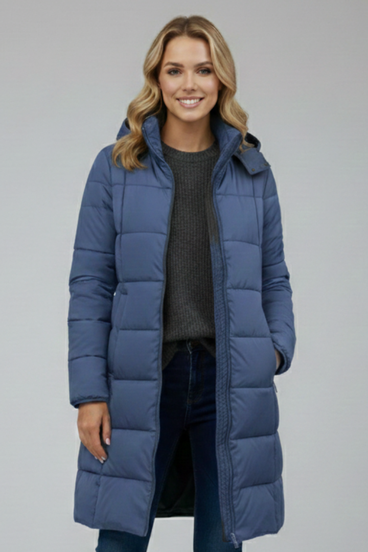 Women's Long Puffer Jacket with Hood and Front Zip Fastening