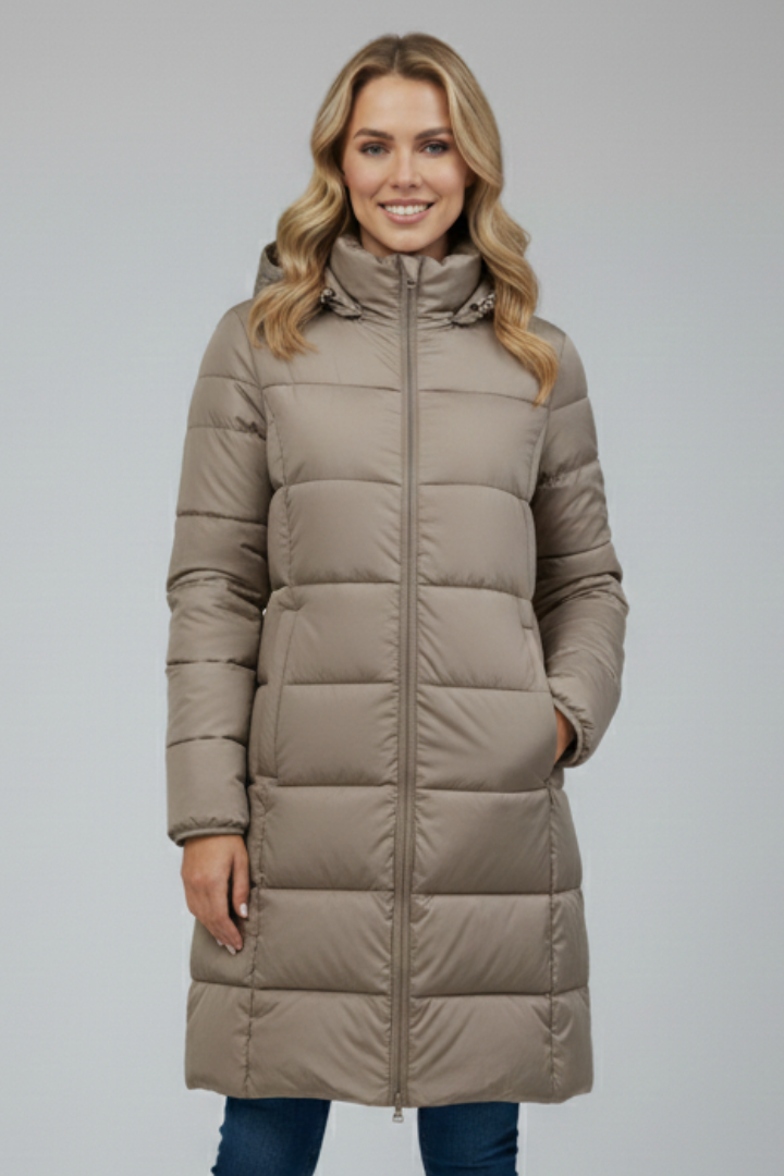 Women's Long Puffer Jacket with Hood and Front Zip Fastening