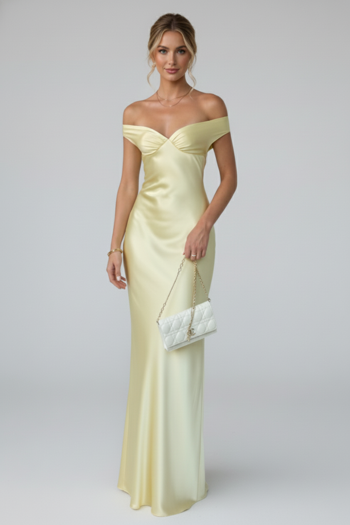 Women’s Maxi Dress with Off-Shoulder Neckline and Fitted Upper