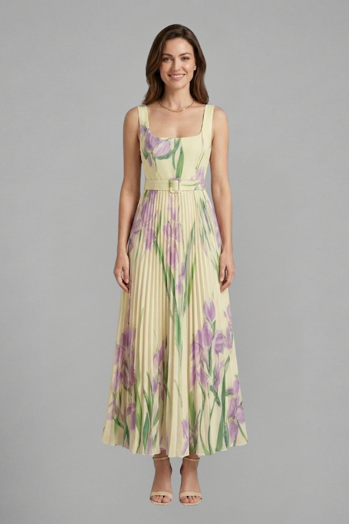 Women’s Maxi Dress with Square Neck and Pleated Skirt