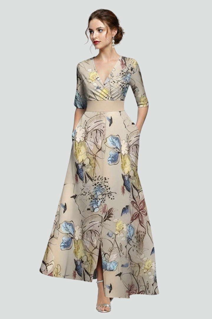 Women’s Maxi Dress with V-Neck and Printed Surface