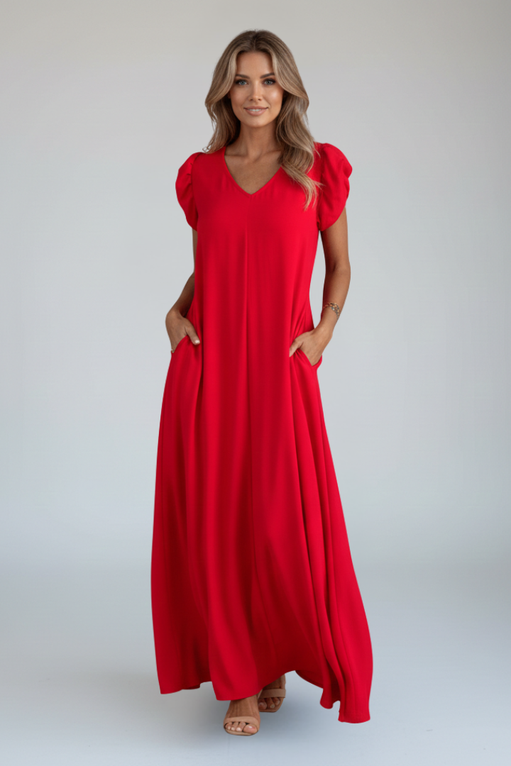 Women’s Maxi Dress with V Neckline and Patterned Surface
