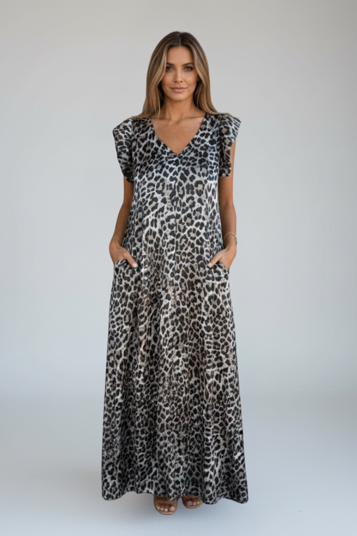 Women’s Maxi Dress with V Neckline and Patterned Surface