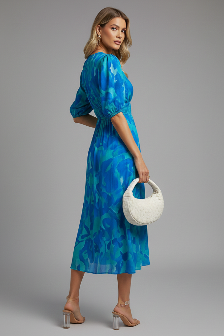 Women’s Midi Dress with Puff Sleeves and Floral Print