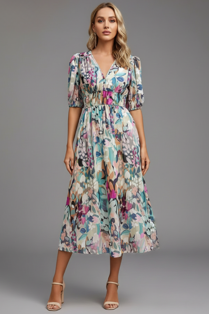 Women’s Midi Dress with Puff Sleeves and Floral Print