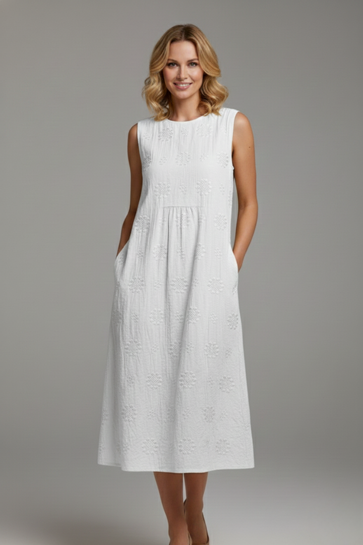 Women’s Midi Dress with Round Neck and Sleeveless Design