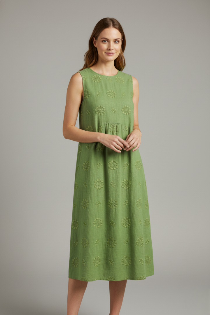 Women’s Midi Dress with Round Neck and Sleeveless Design