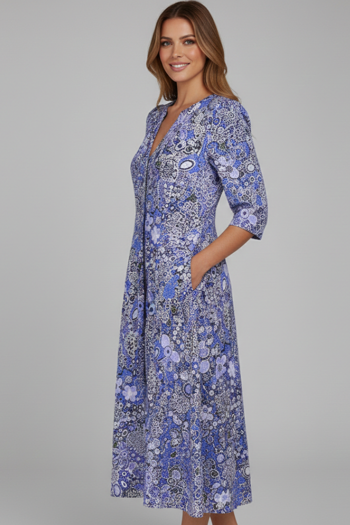 Women’s Midi Dress with V-Neck and Three-Quarter Sleeves