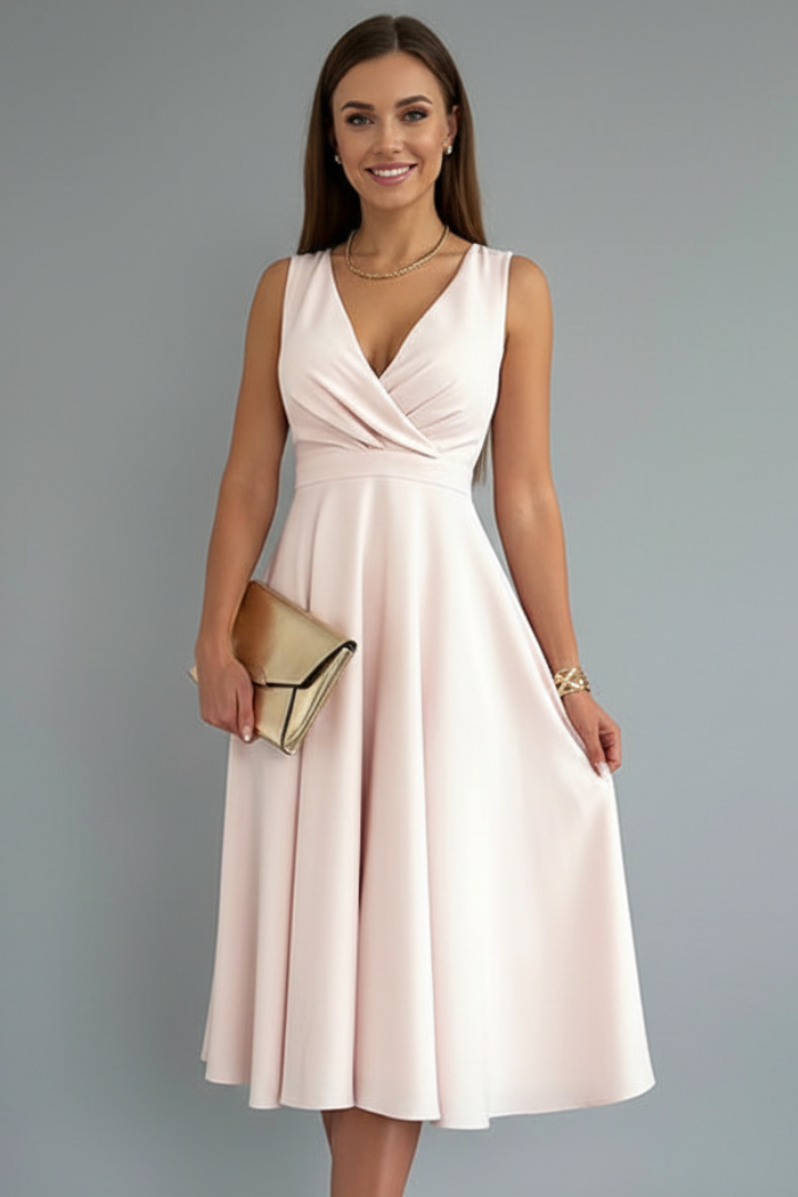 Women’s Midi Dress with V-Neck and Zip Closure