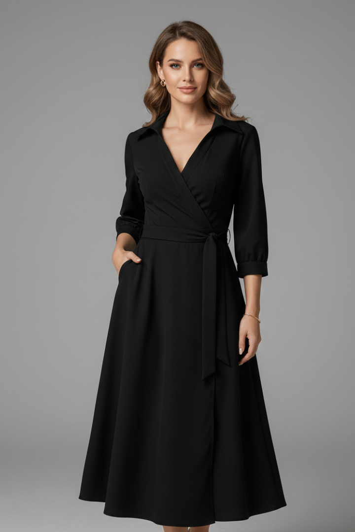 Women’s Midi Dress with V-Shaped Neckline and Long Sleeves