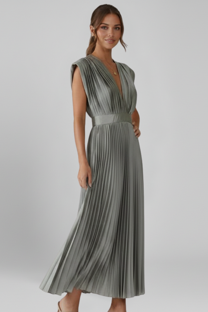 Women’s Midi Dress with V Neckline and Pleated Skirt