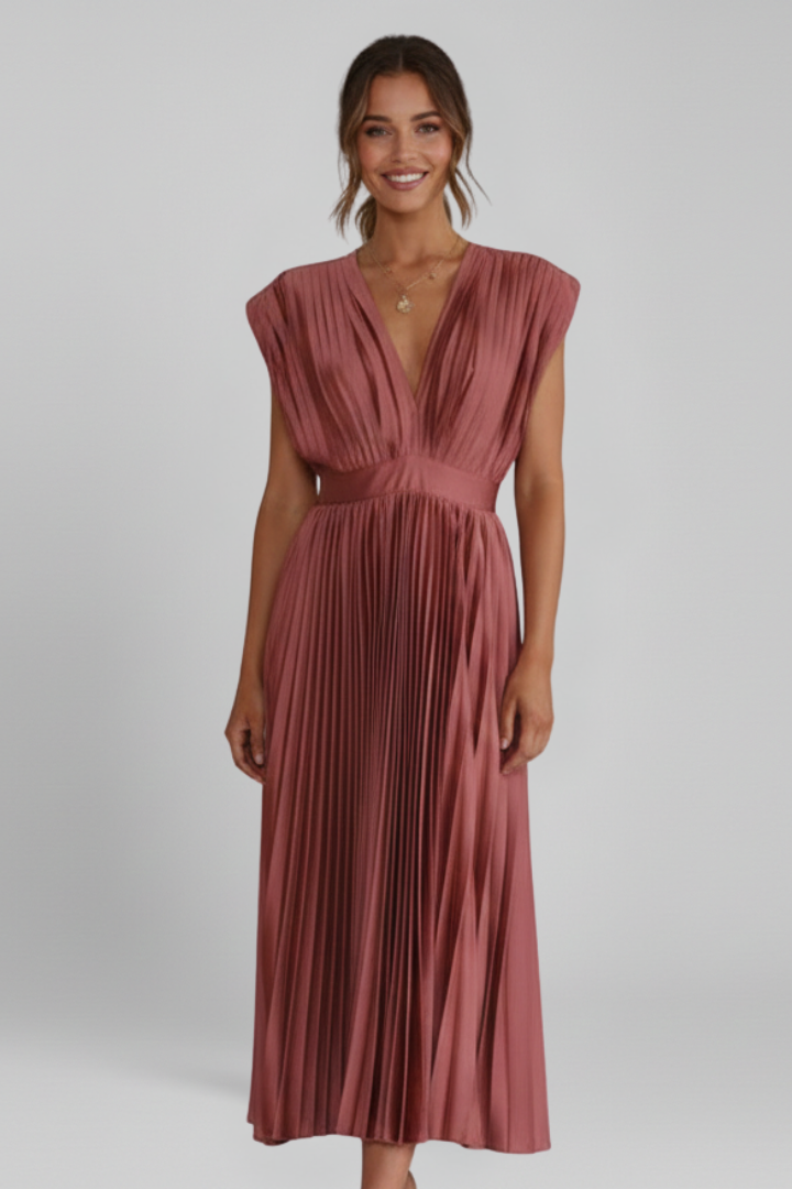 Women’s Midi Dress with V Neckline and Pleated Skirt