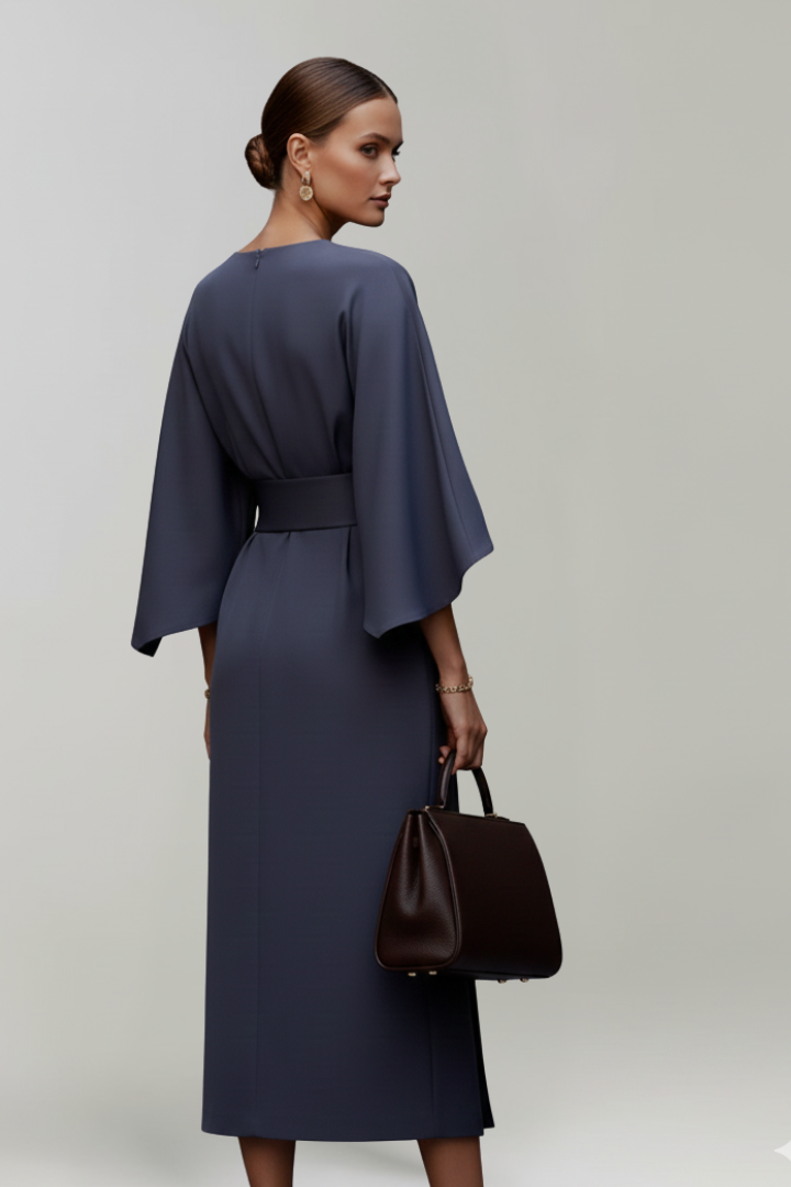 Women’s Midi Dress with Wide Sleeves and Belted Waist