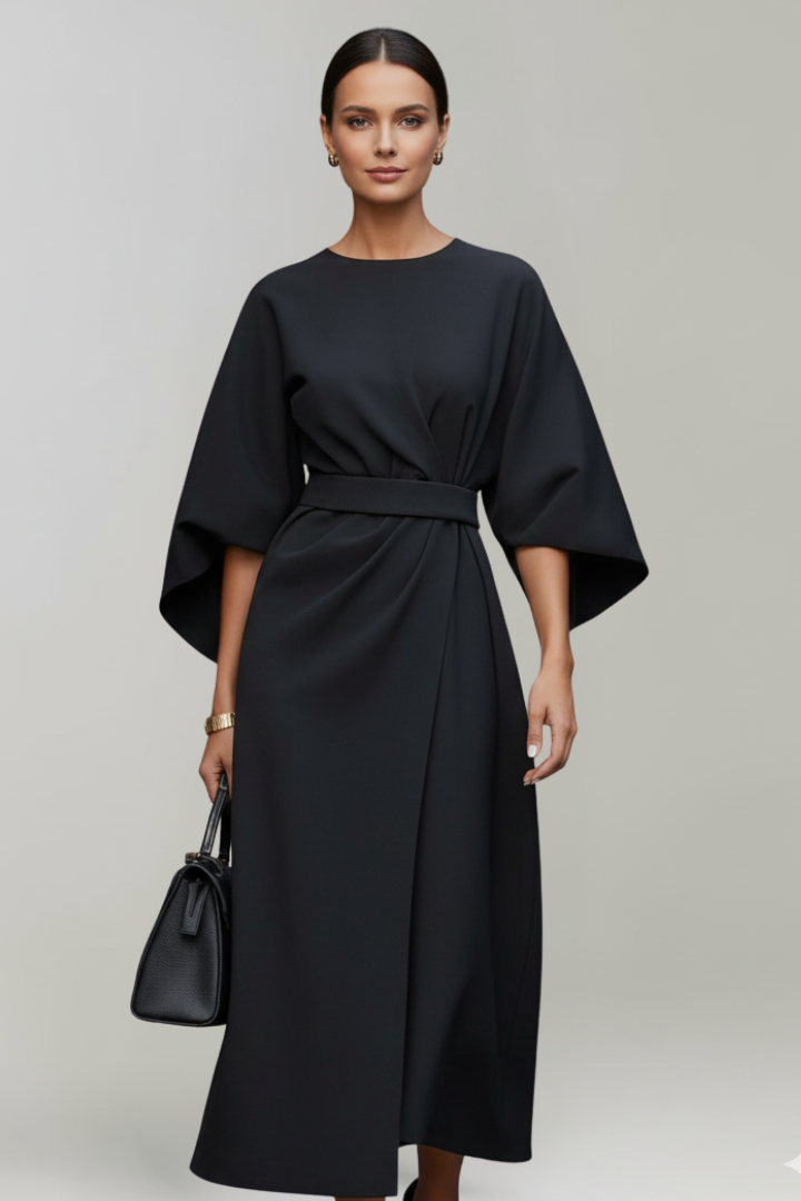 Women’s Midi Dress with Wide Sleeves and Belted Waist