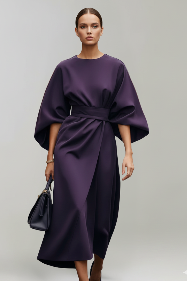 Women’s Midi Dress with Wide Sleeves and Belted Waist