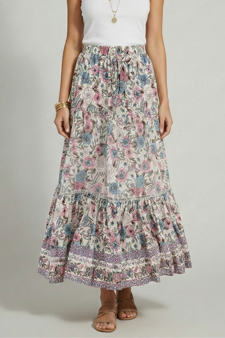 Women’s Midi Skirt with Elastic Waist and Printed Border