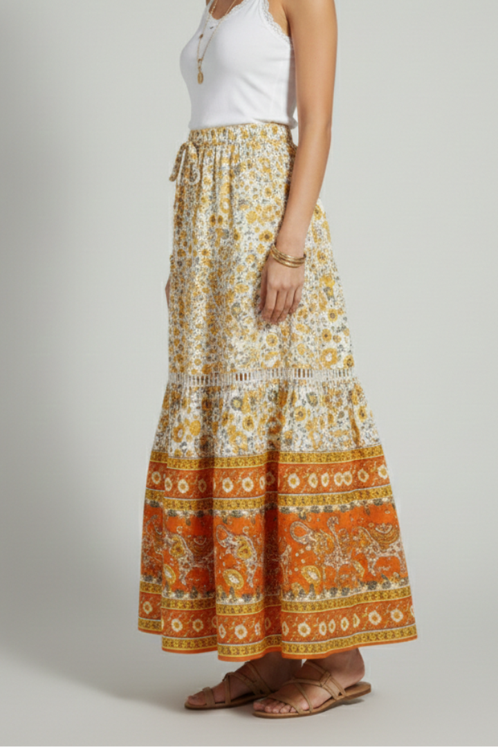Women’s Midi Skirt with Elastic Waist and Printed Border