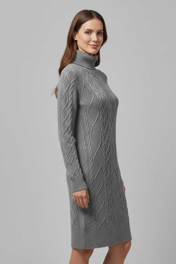 Women’s Mini Dress with Roll Neck and Cable Pattern