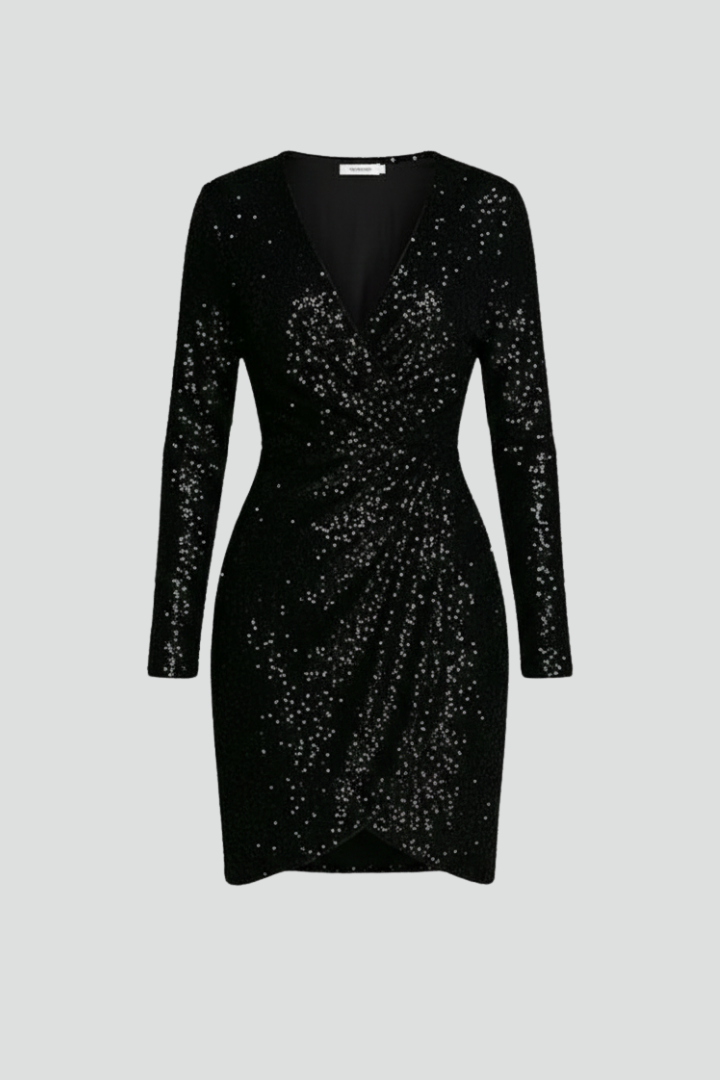 Women’s Mini Dress with V Neckline and Sequin Surface