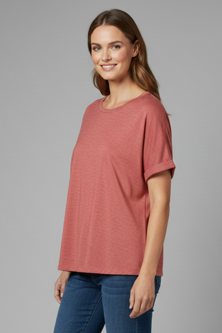 Women’s Oversized T-Shirt with Round Neckline and Rolled Sleeves