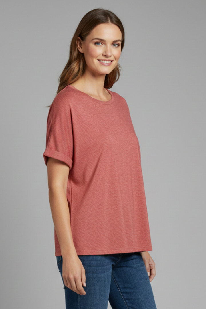 Women’s Oversized T-Shirt with Round Neckline and Rolled Sleeves